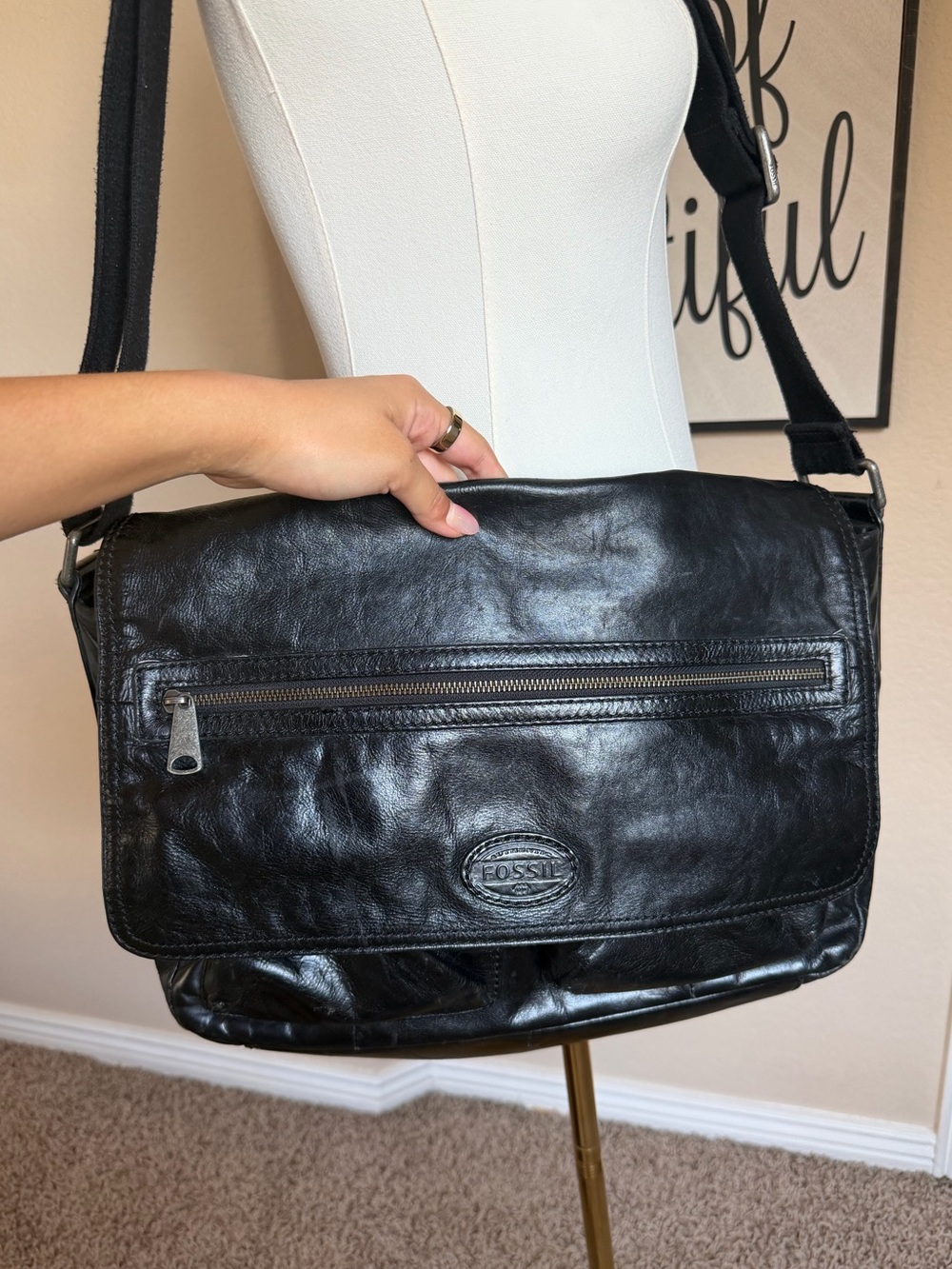 Vintage Fossil Black Genuine Leather Messenger Crossbody Bag Y2K Unisex